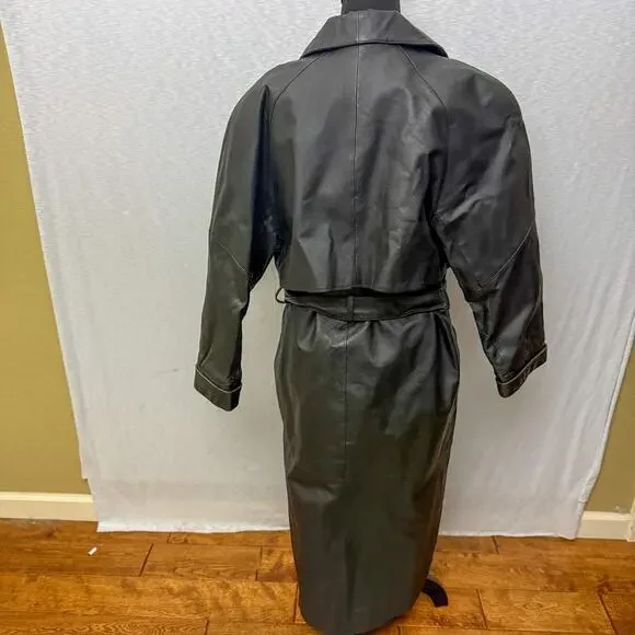 Liz Baker Essentials Black Genuine Leather Trench Coat Belted Long Jacket - Picture 2 of 5